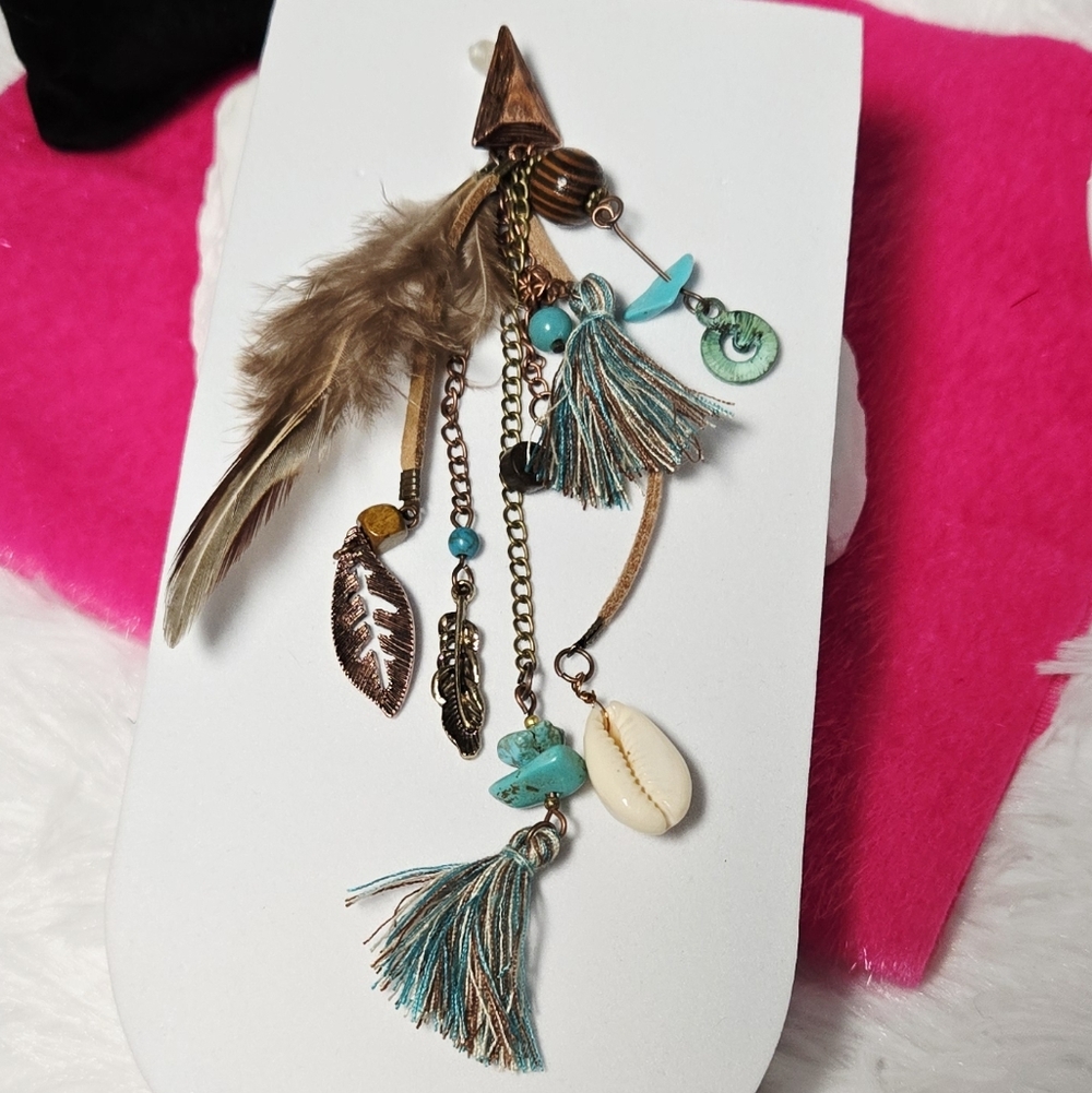 Long Bohemian Feather Tassel Earrings β Copper & Turquoise Festival Statement - Picture 4 of 7